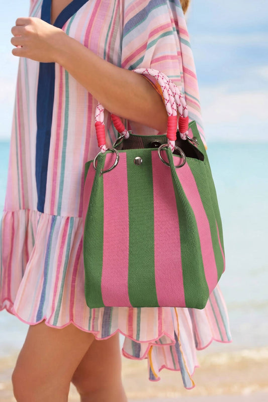 Boho Striped Fern Green and Pink Tote Bag with Ring  and Rope Handle
