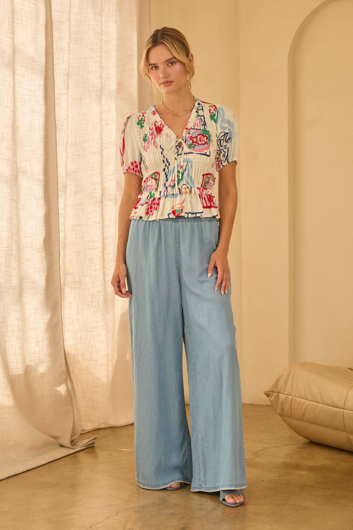 White w/ Mulit Color Printed Short Sleeve Peplum Top- 144720