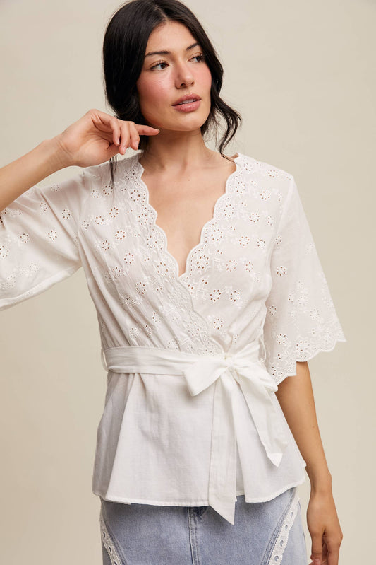 White Eyelet Embroidered Wrap Blouse