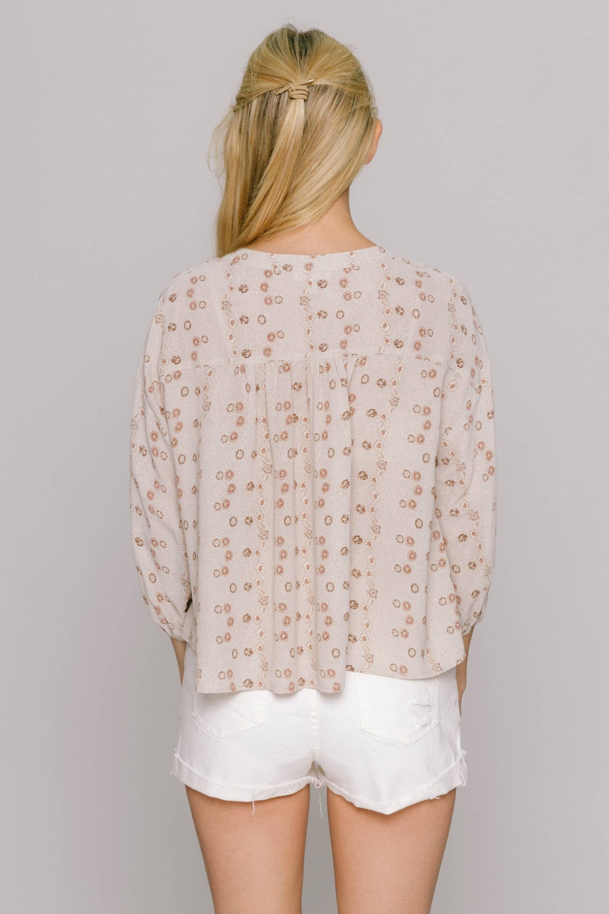 Taupe Floral Print Flowy Blouse -143052