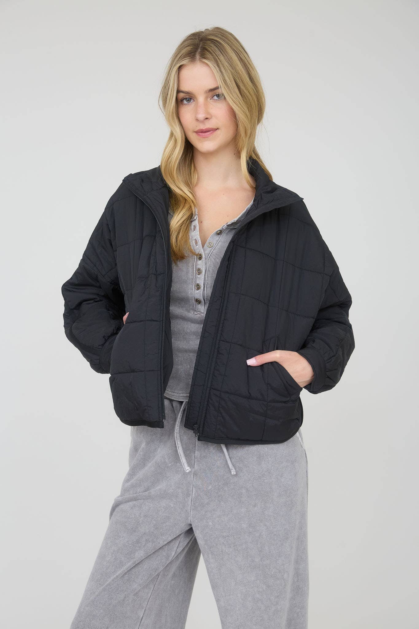 Black Quilted Zip-Up Puffer Jacket