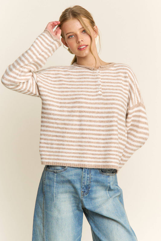 Oatmeal Striped Rolled Pullover Light Knit Sweater - 151132
