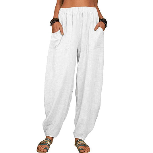 White Loose Tapered Leg Cotton Pants with Pockets - 131435