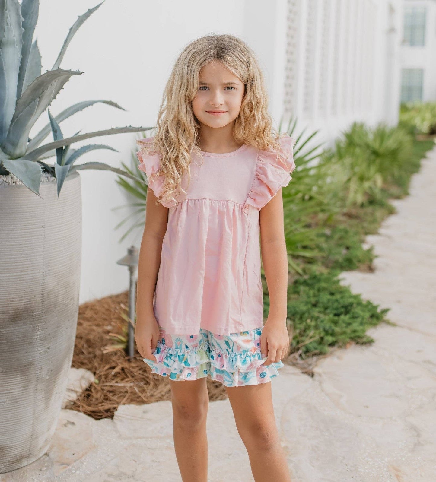 Girls Blush Ruffle Top and Floral Ruffle Short Set-171538