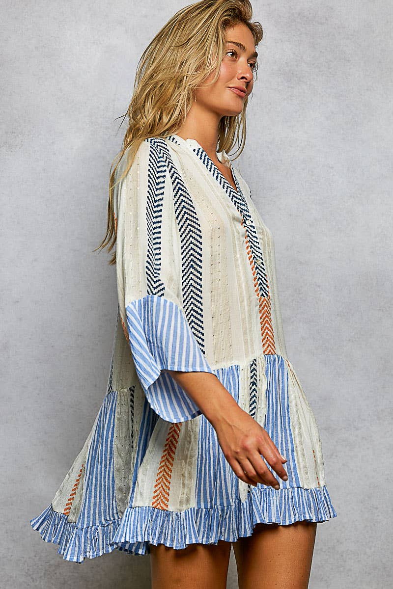 Cream w/ Multi Color Woven Cotton Embroidered Dress-121717