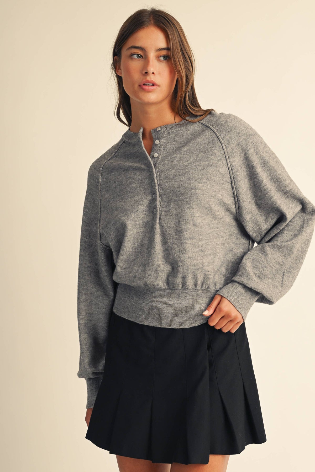 Black Henley Pullover Sweater-153474