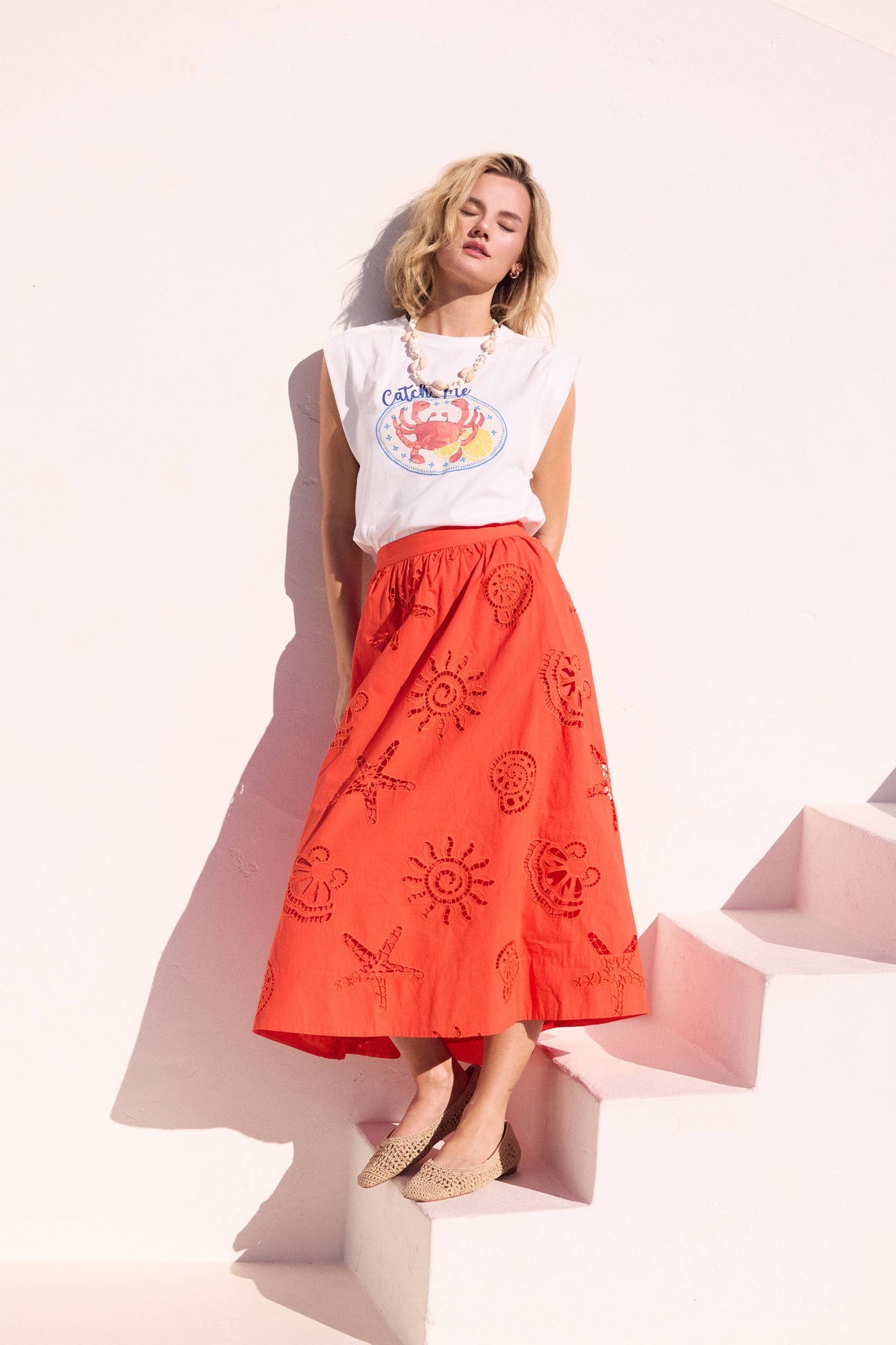 Coral Seaside Embroidered Eyelet Maxi Skirt-135416