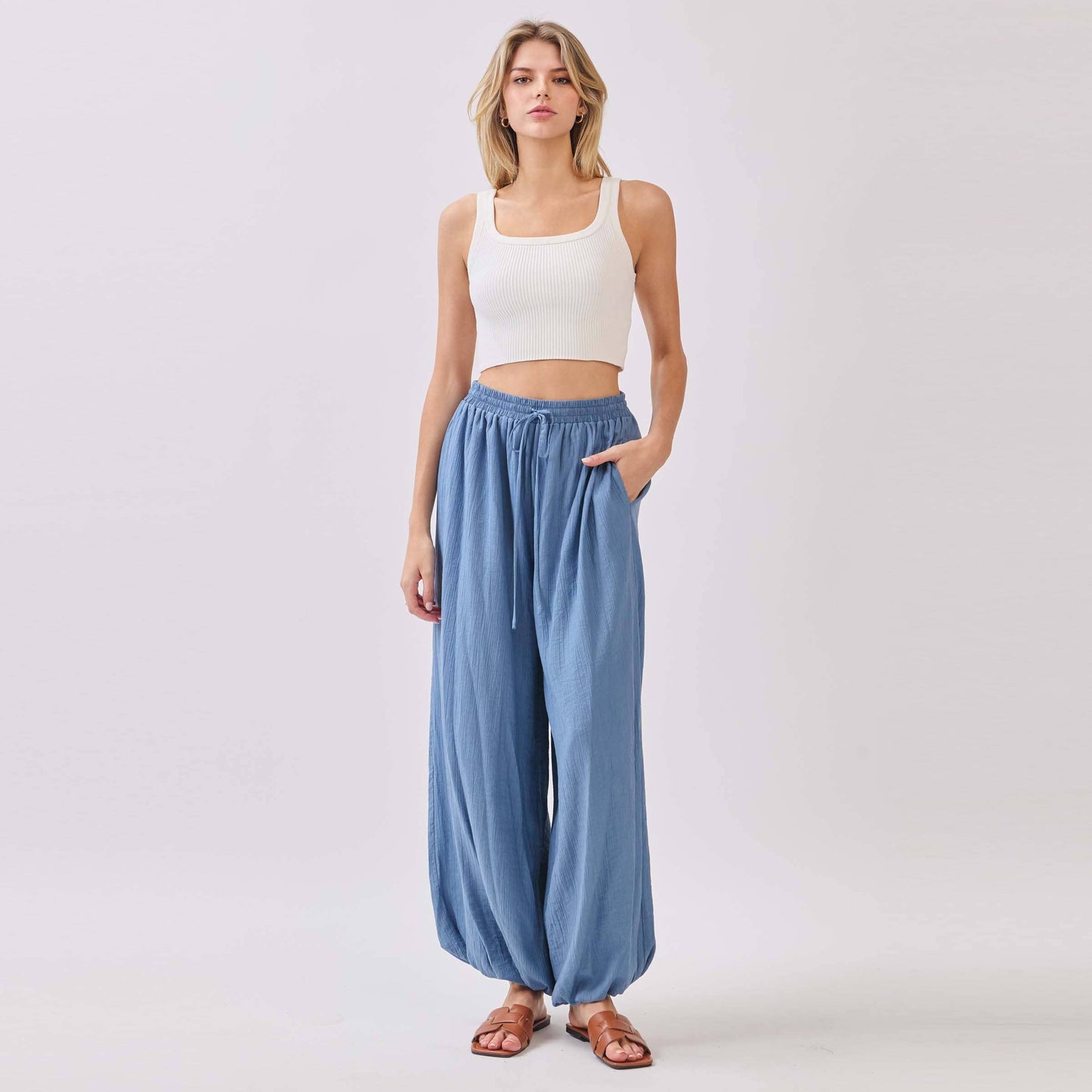 Slate Blue Flowy Gathered Wide Leg Pants