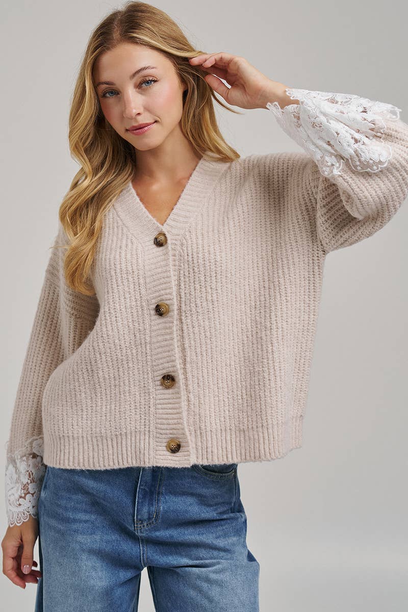 Oatmeal V-Neck Lace Cuff Cardigan-150428