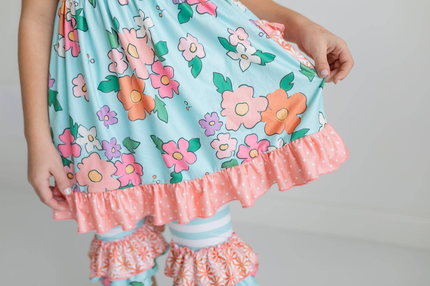 Girls Peach & Teal Floral Stripe Ruffle Lace Top and Capri Set-173611