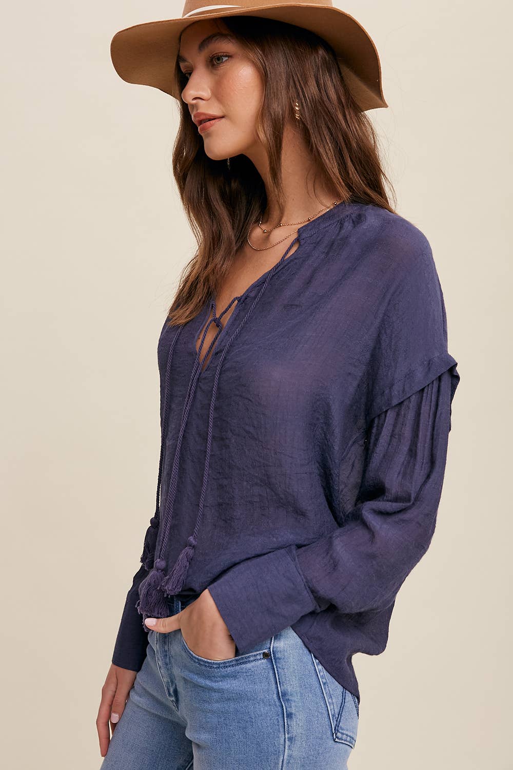 Navy Tassel Tie Boho Blouse- 140783