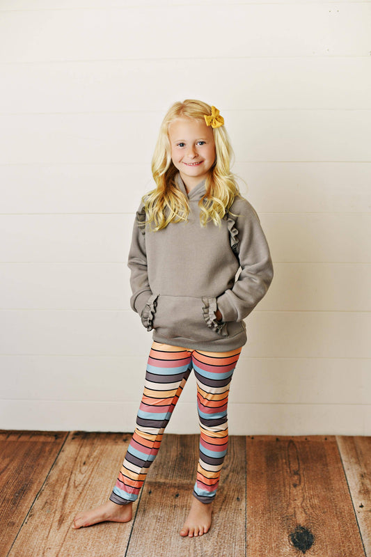 Gray Ruffle Hoodie and Rainbow Stripe Leggings Set