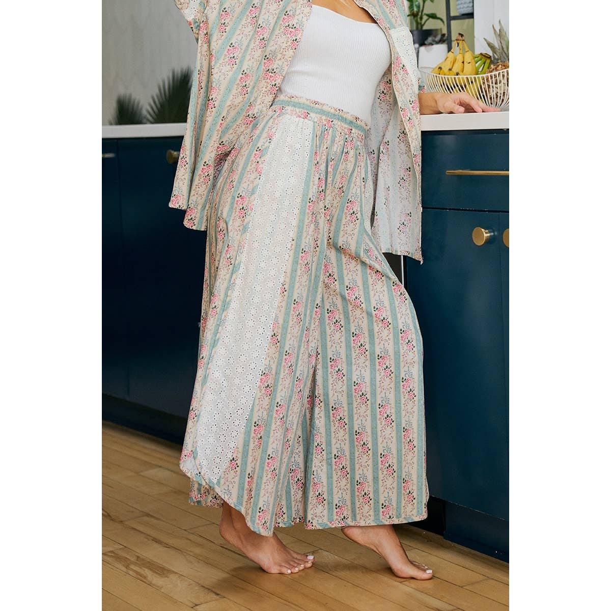 Teal w/ Pink Floral Eyelet Side Wide Leg Pants-141889
