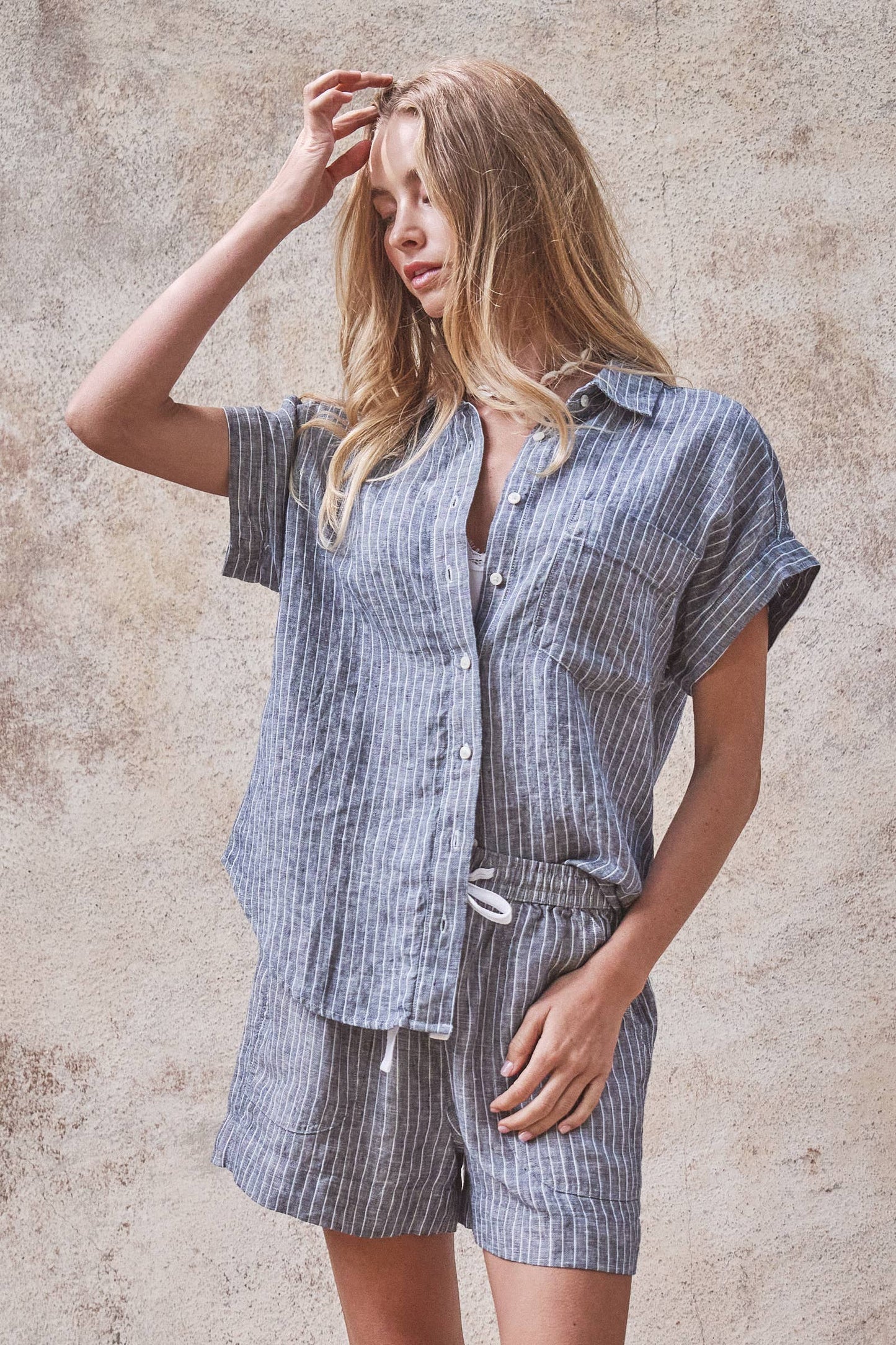 Navy Stripe Linen Short Sleeve Button-Down Shirt-141454