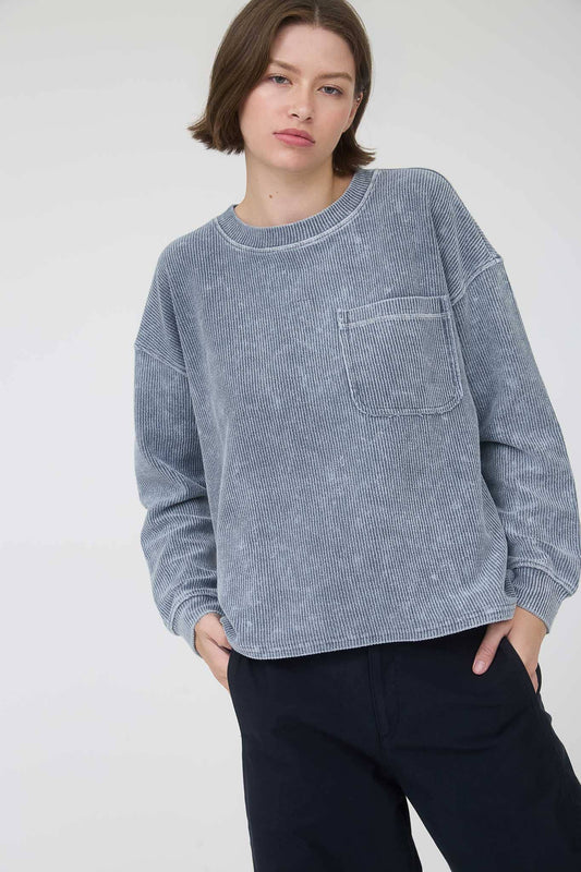Acid Washed Oversized Blue Cotton Ribbed Front Pocket Top