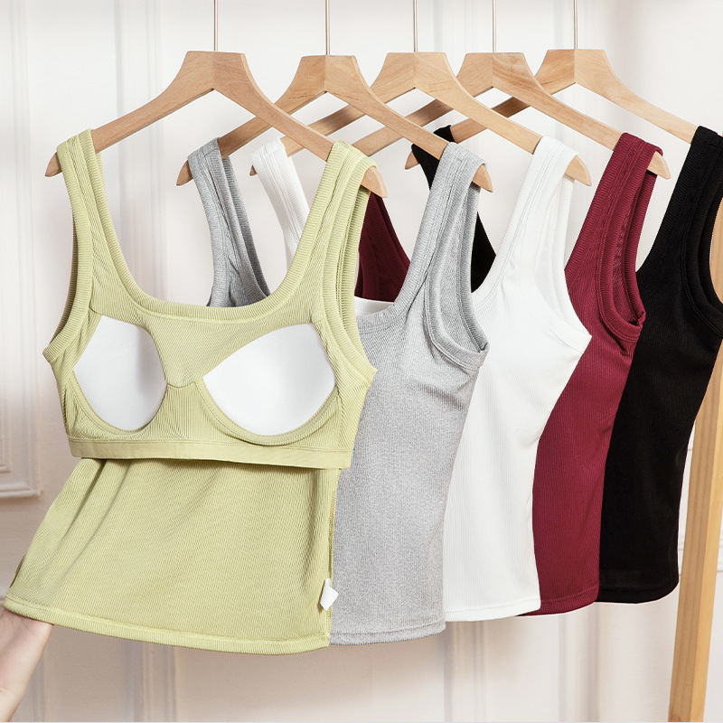 Red Ribbed Square Neck W/ Built-in Tank Top-185836