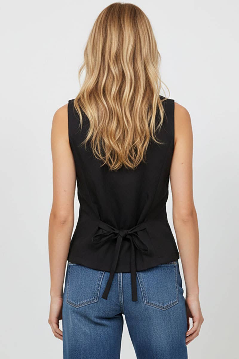 Black Sleeveless Woven Vest With Back Tie-145073