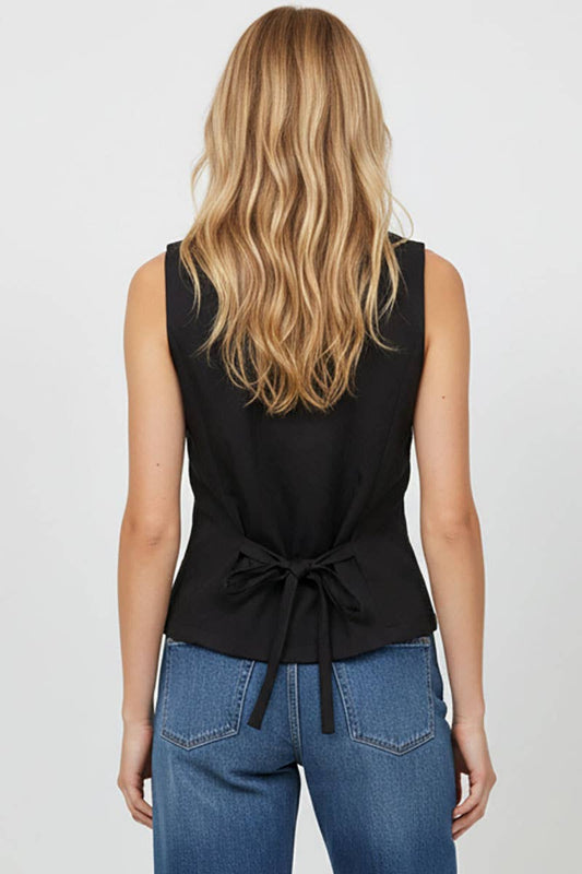 Black Sleeveless Woven Vest With Back Tie-145073