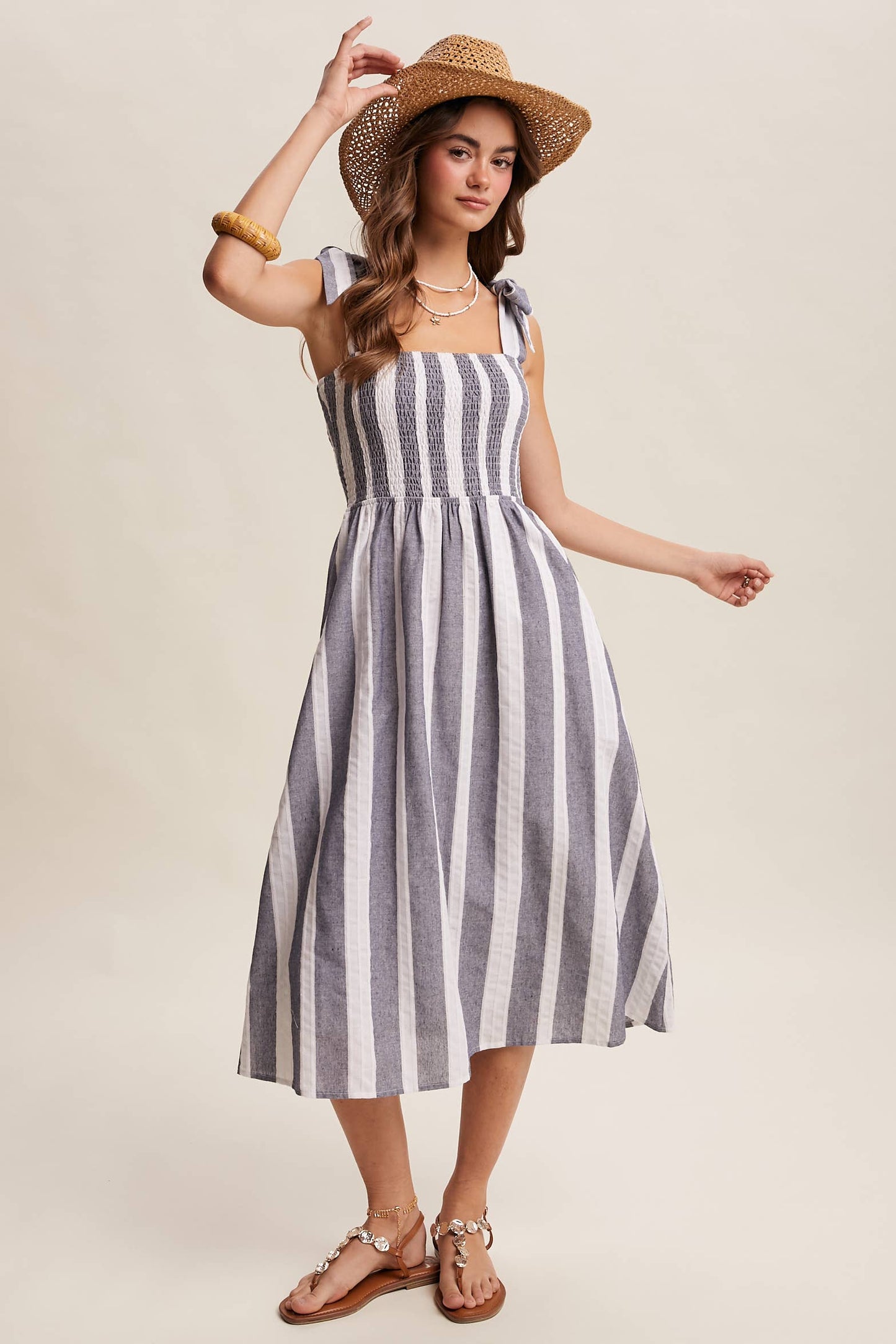 Blue and White Striped Denim Midi Dress-121051