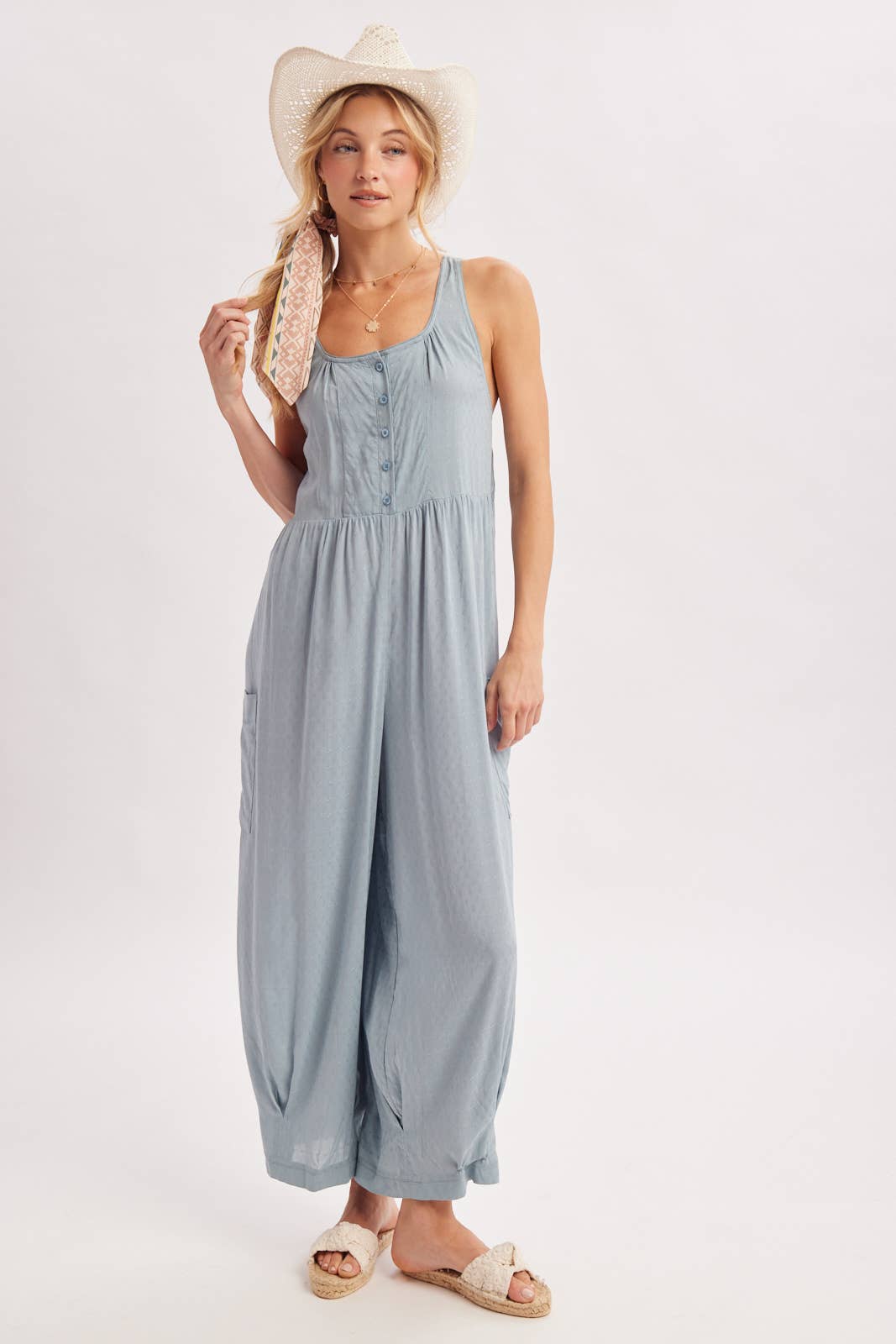 Chambray Boho Cross-Back Jumpsuit-133181
