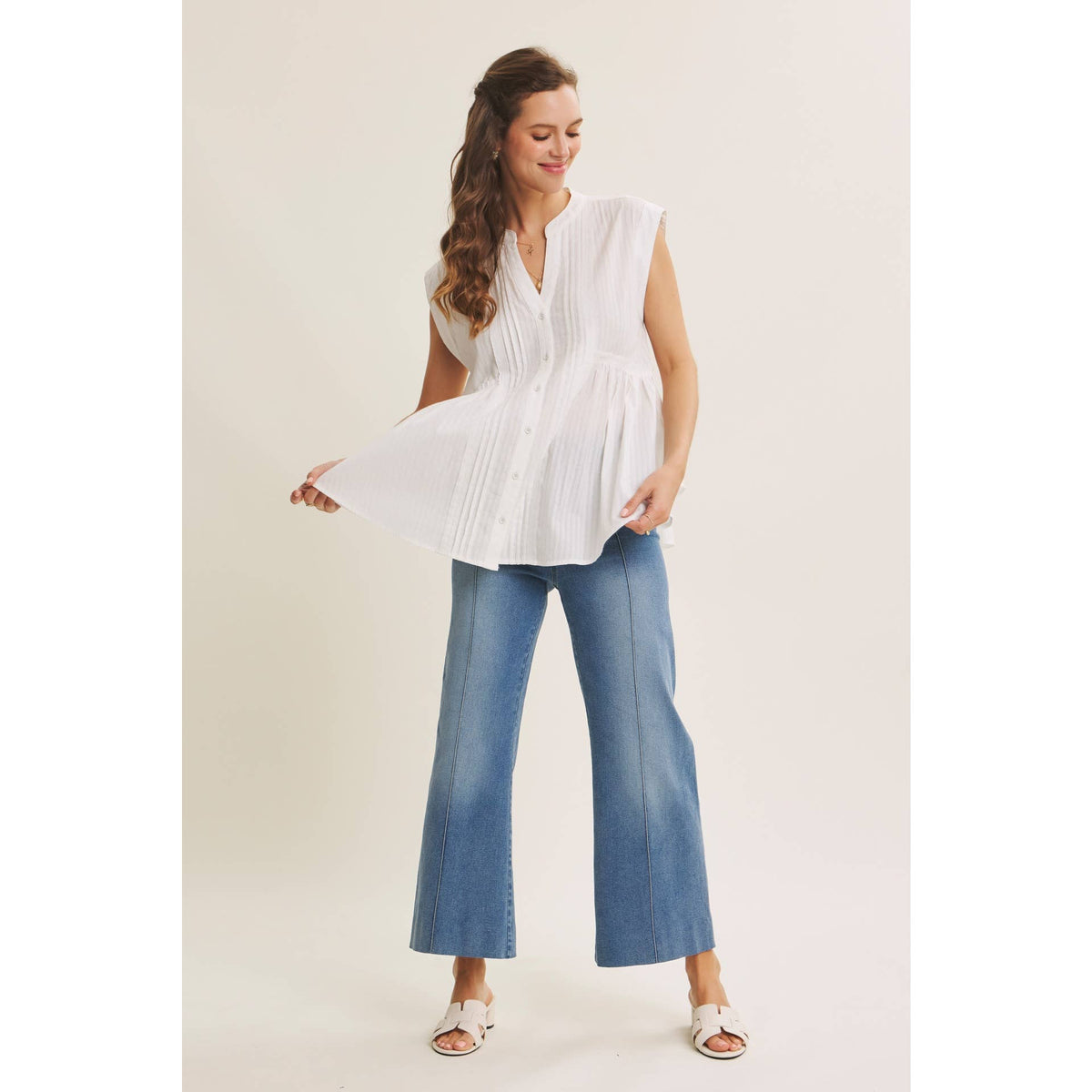 White Cotton Pleated Button Down Tunic Shirt- 142947