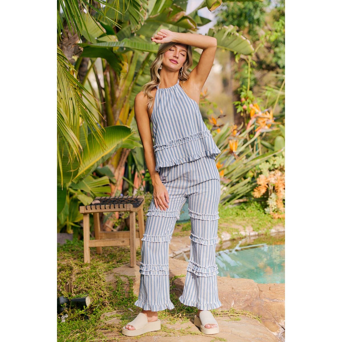 Light Blue Stripe Ruffles Detail Halter Top-145258