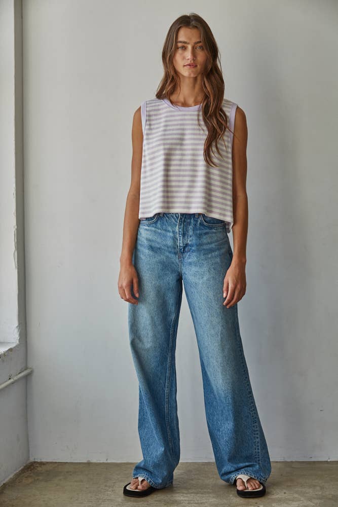Lavender and White Striped Knit Cotton Spandex Ribbed Sleeveless Top - 149705