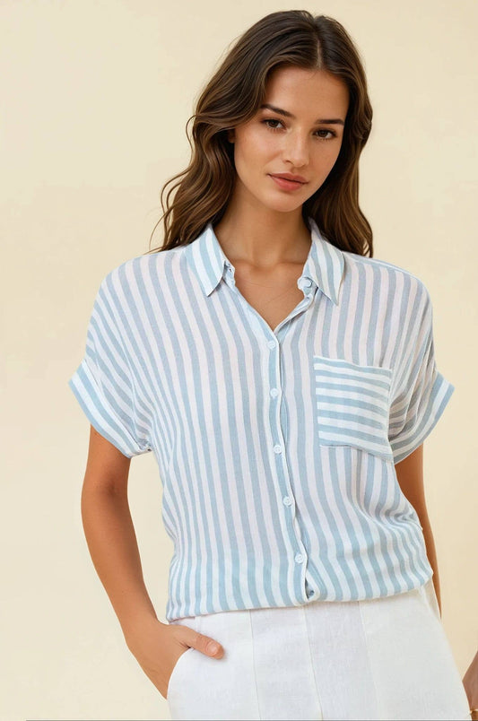 White and Dusty Blue Striped Shirt w/ Rolled Cuffs- 144132