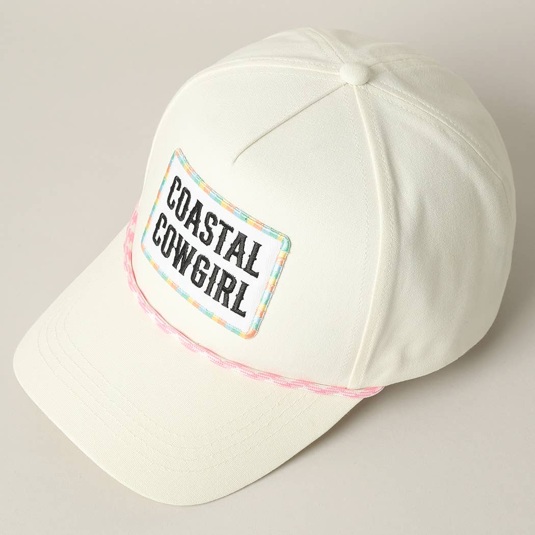 White Coastal Cowgirl Embroidery Patch Trucker Hat with Pink and White Trim