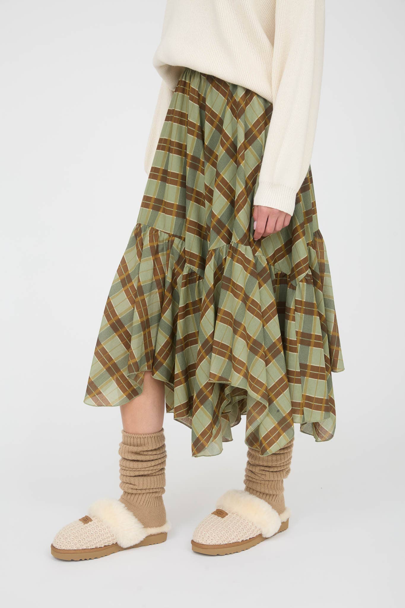 Green Plaid Ruffle Handkerchief Hem Midi Skirt