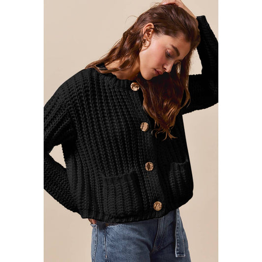 Black Metal Button Chunky Cardigan-153058