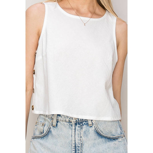 Side-Button Sleeveless White Tank
