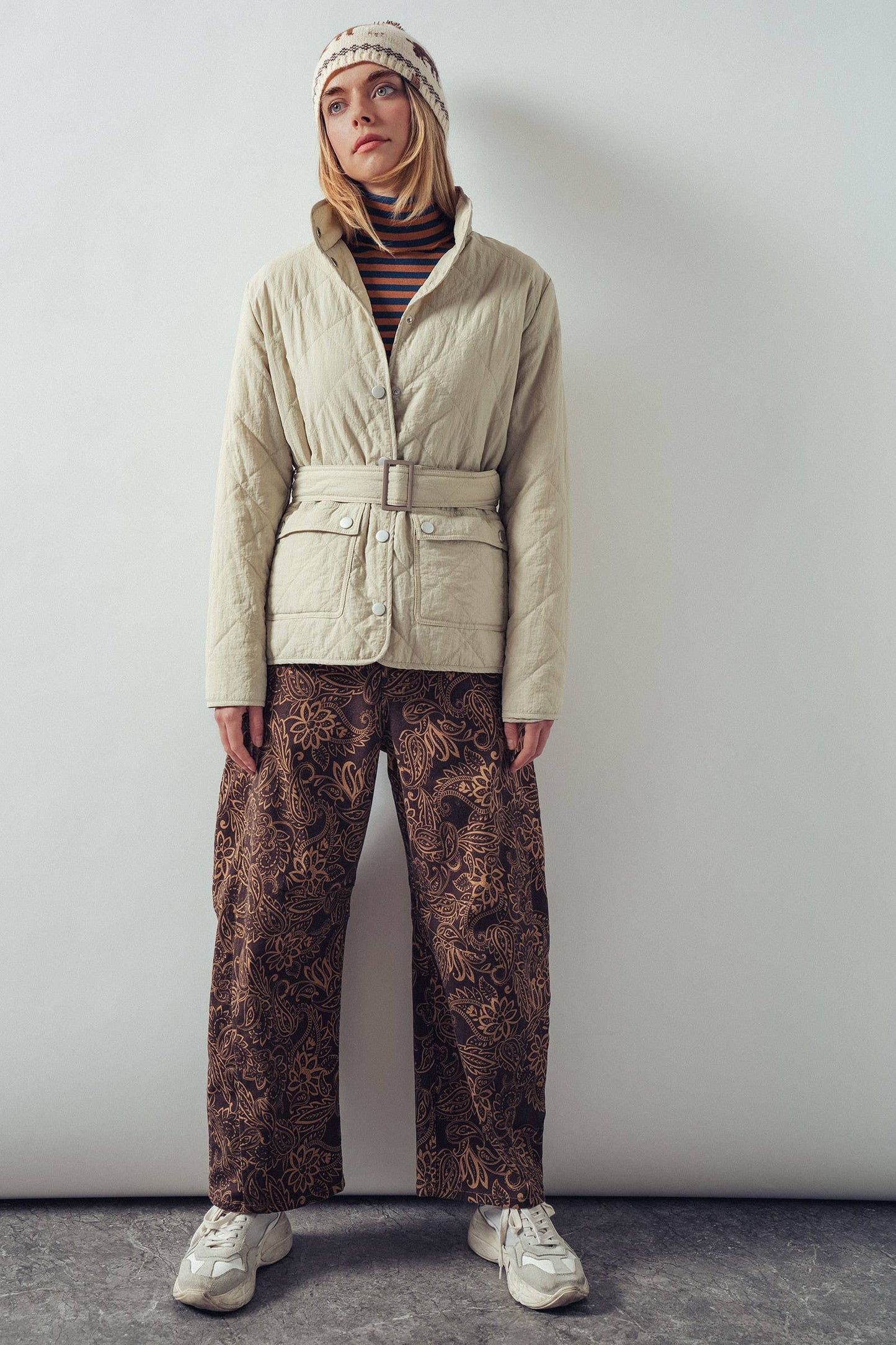 Lt Khaki Lauren Belted Diamond-Quilted Snap-Front Jacket