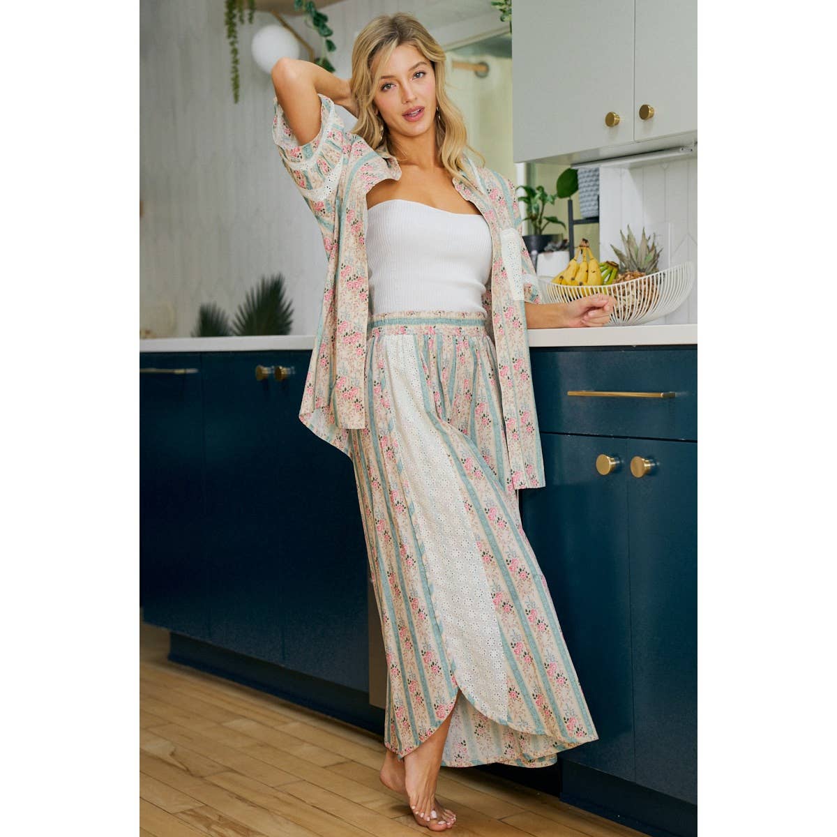 Teal w/ Pink Floral Eyelet Side Wide Leg Pants-141889