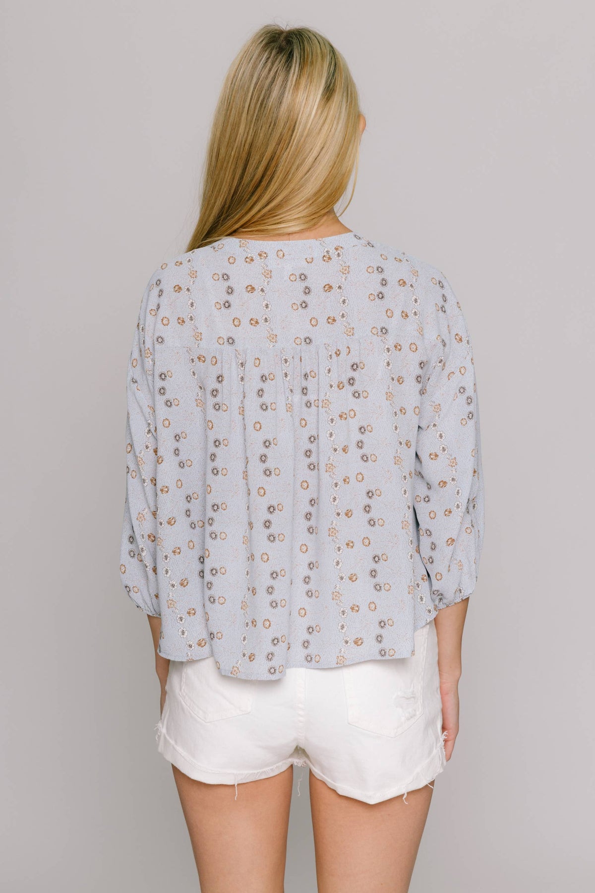 Blue Floral Print Flowy Blouse -143052