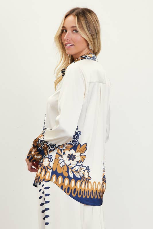Mustard-Navy Printed Border Button-Down Blouse-146056
