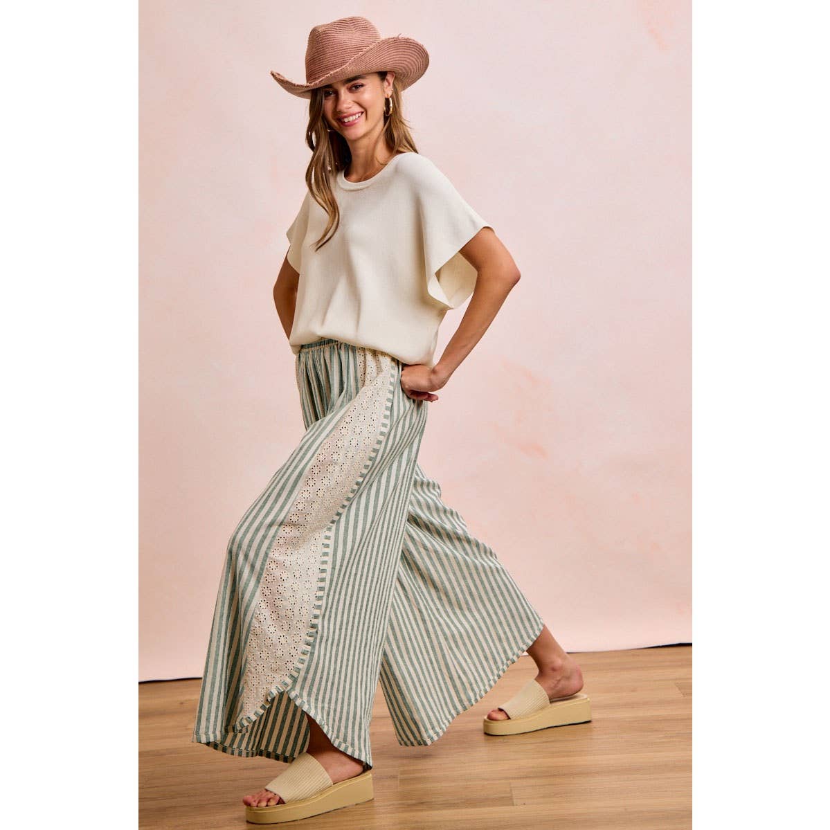Black and White Stripe and Eyelet Side Wide Leg Pants-131889
