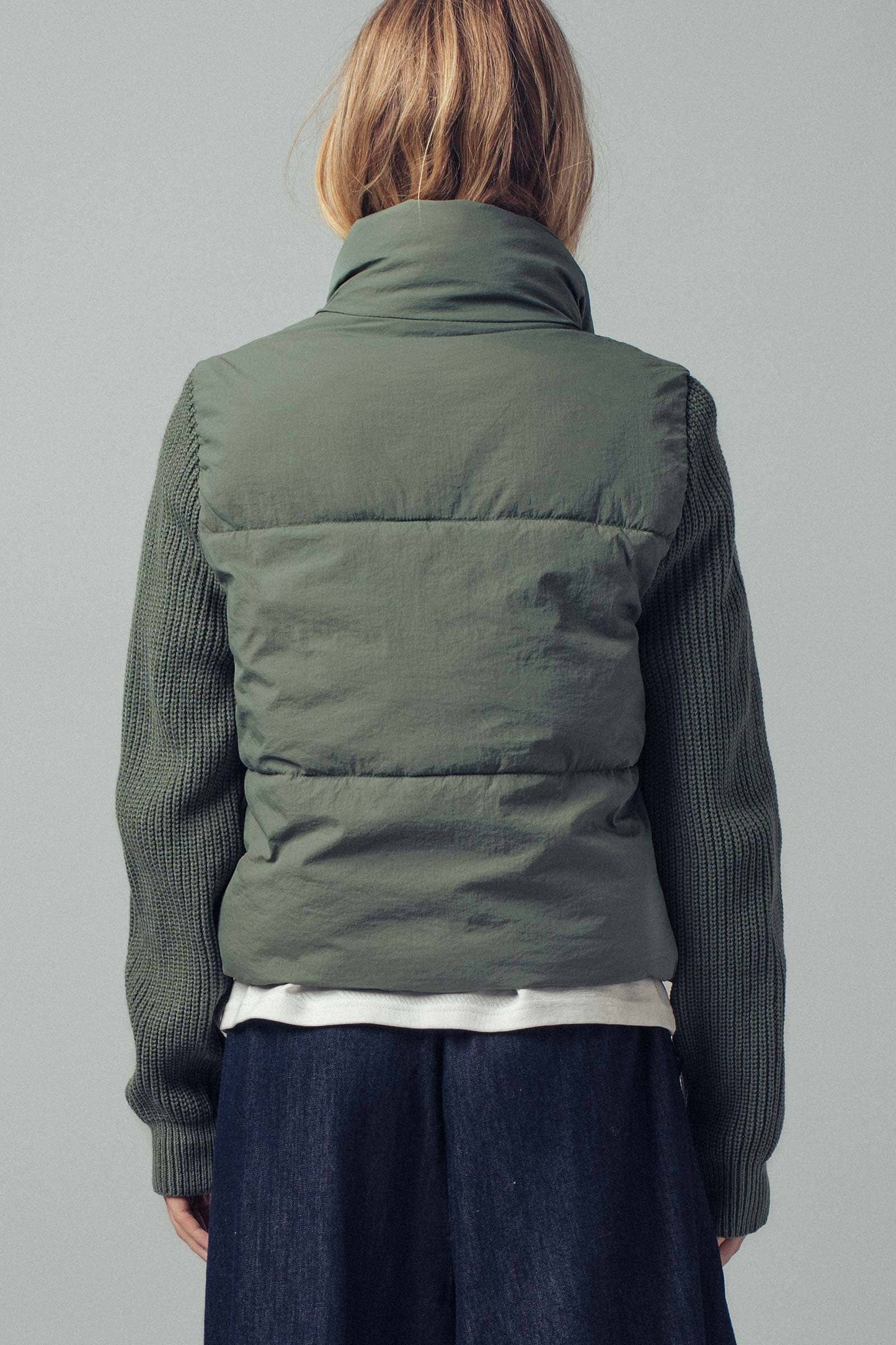 Olive Sweater Knit Sleeves Light Puffer Zipper / Snap Jacket