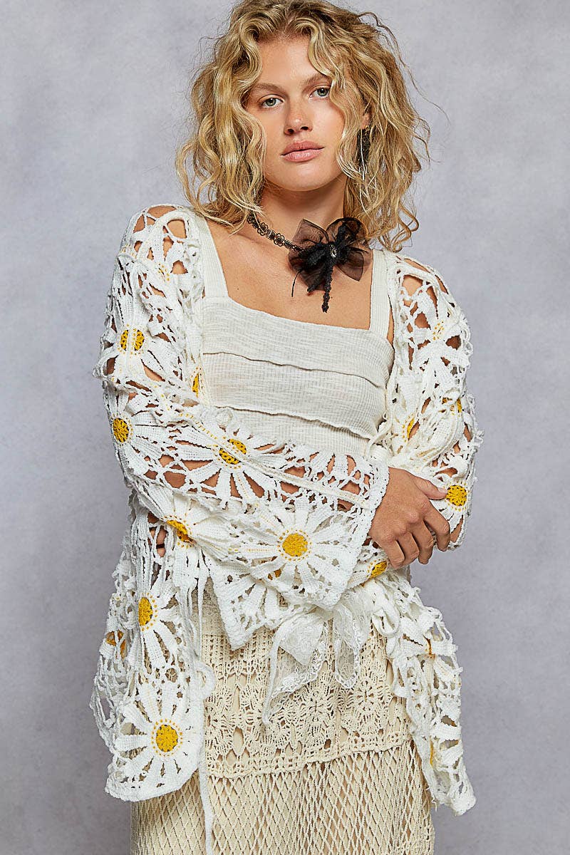 White Daisy Crochet Knit Open Cardigan-150398