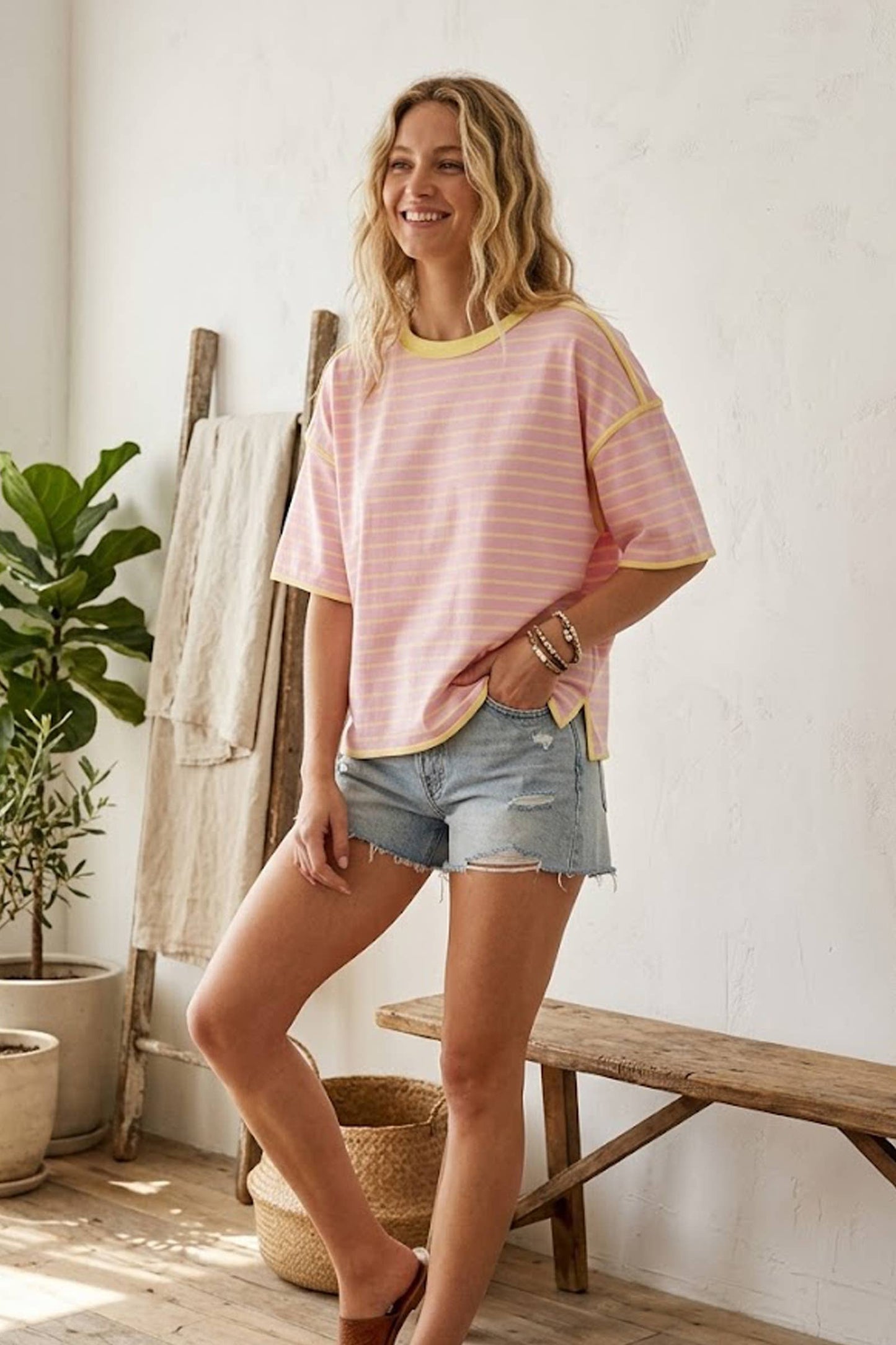 Pink and Yellow Striped Relaxed Fit Knit Tee-142294