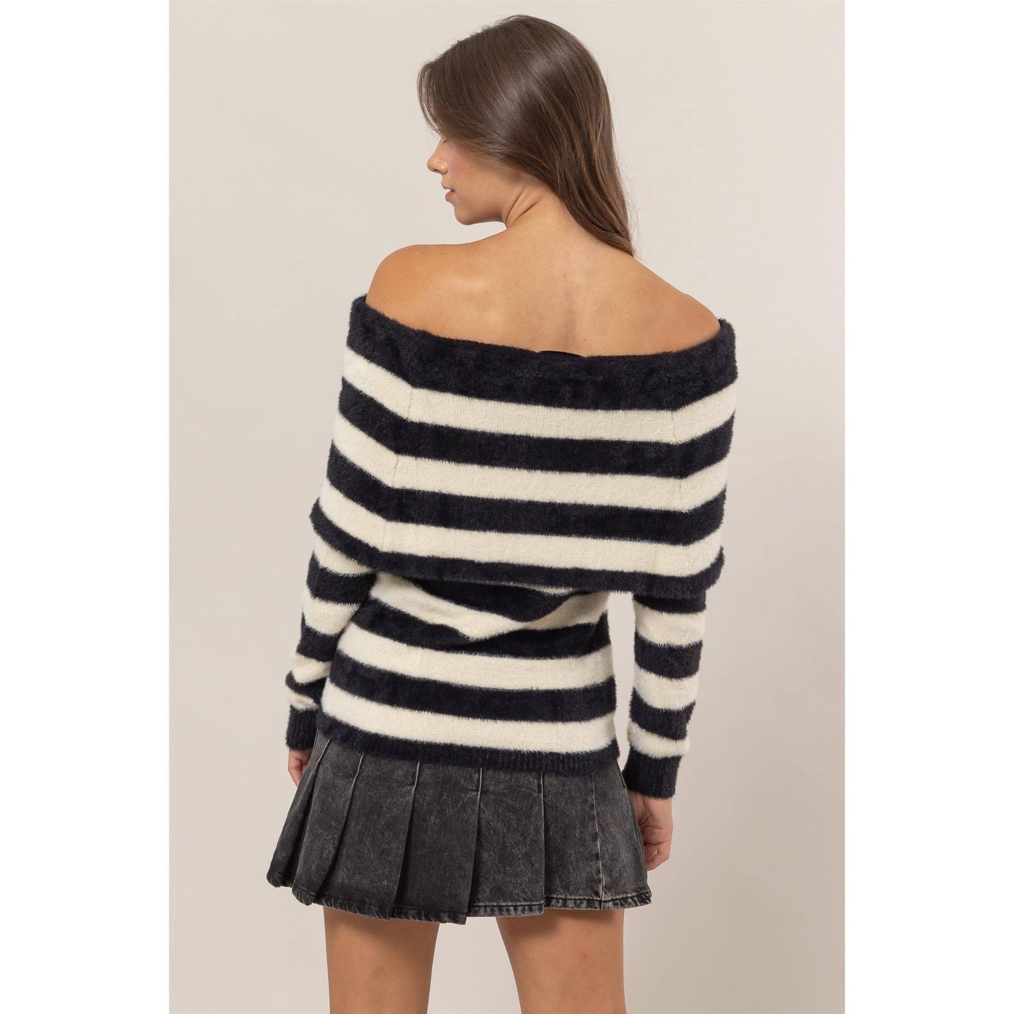 Black & White Cashmere Like Striped Off-Shoulder Sweater