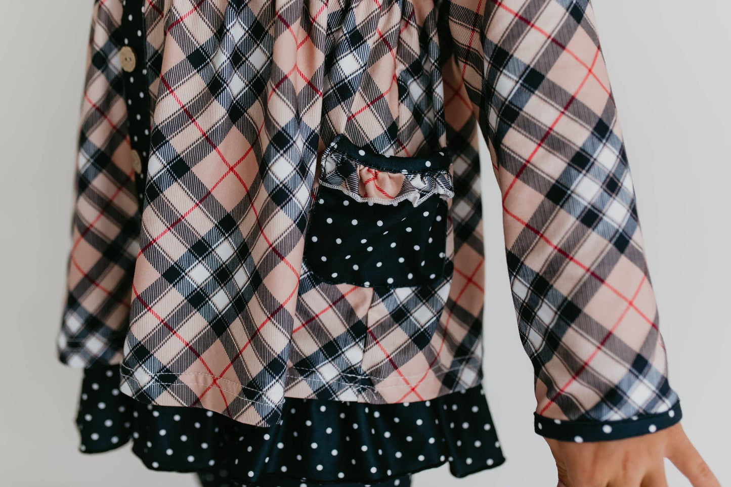 Tan Plaid Top & Polka Dot Ruffle Button Legging Set