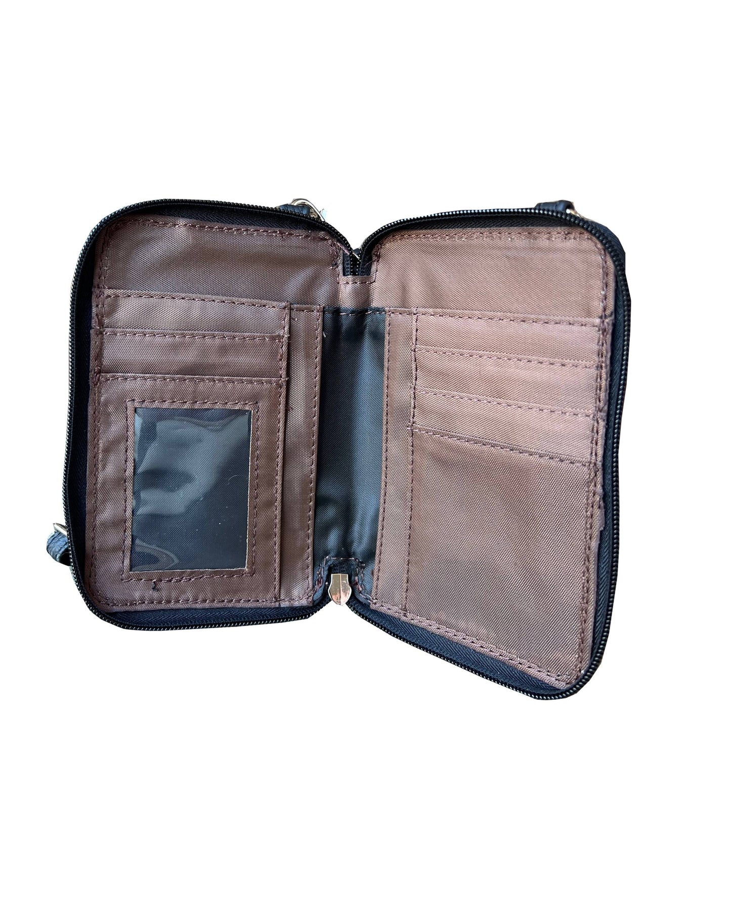 Black Leather Phone Bag with Credit Card Slots and Adjustable Strap