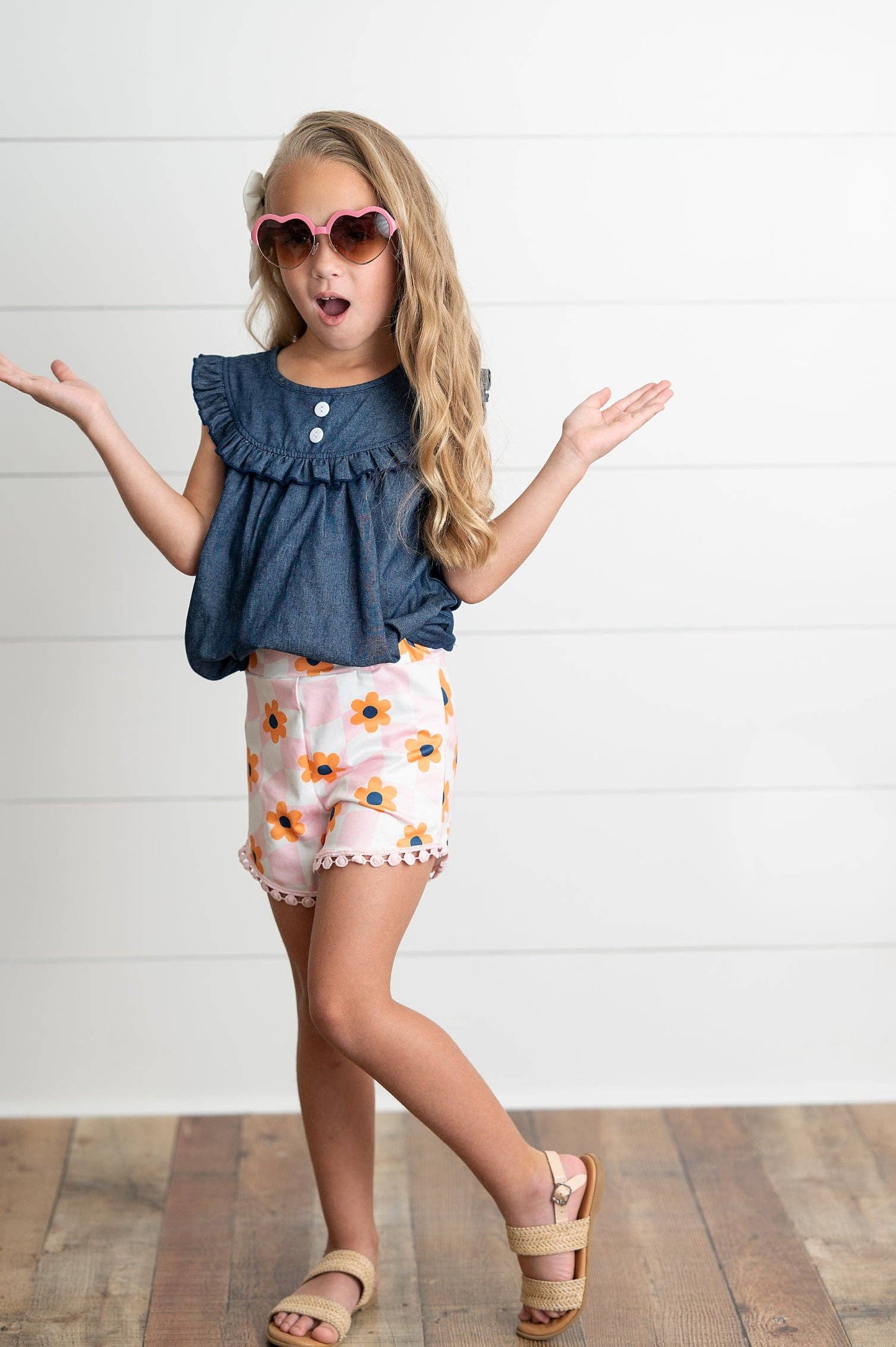 Girls Dark Denim Ruffle Top & Retro Flower Check Short Set-171428