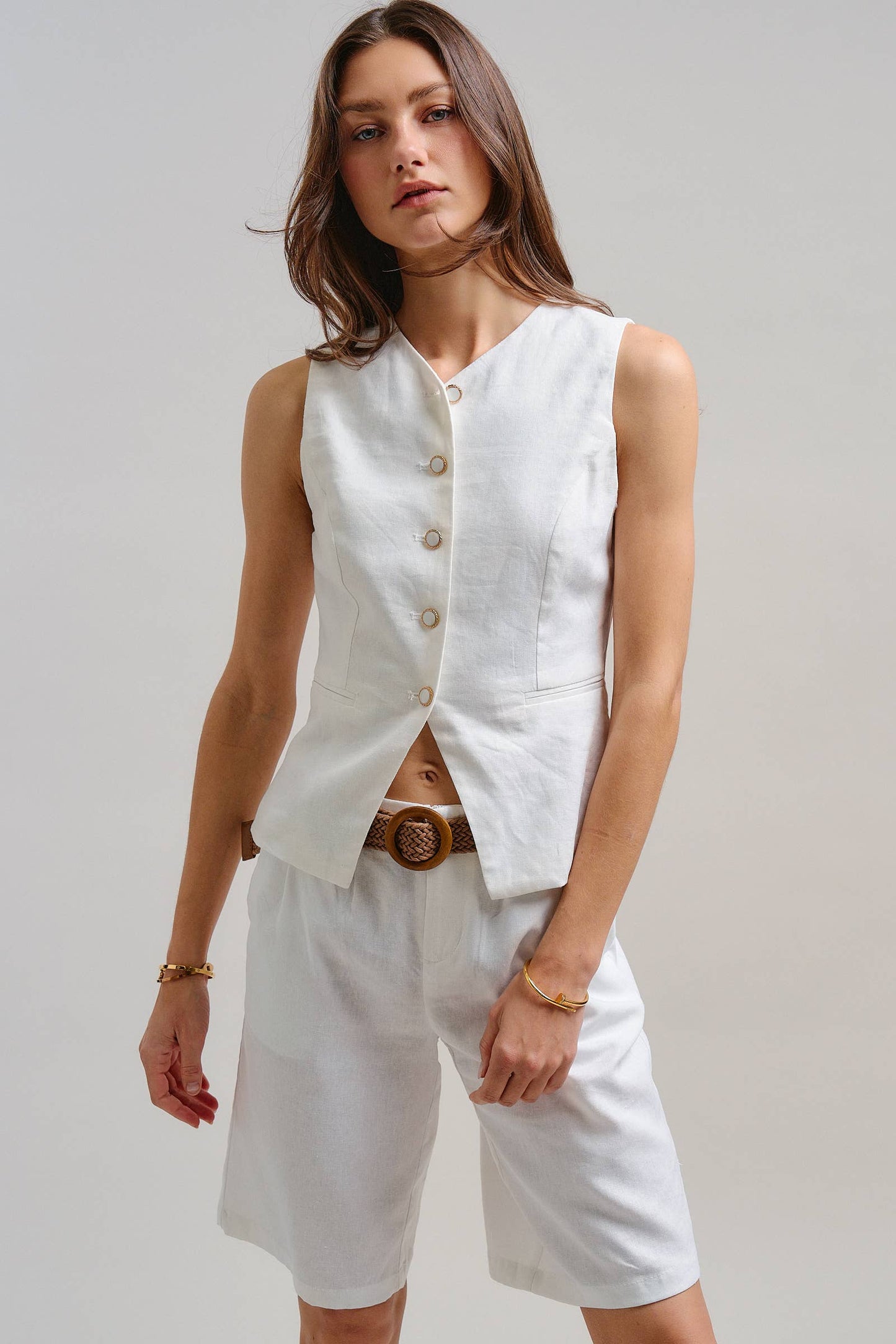 Natural Tailored Linen Blend Waistcoat Vest-141377