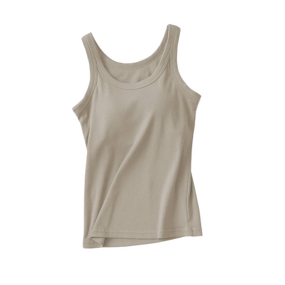 Beige Essential Rib W/ Built In Bra Tank Top-183989