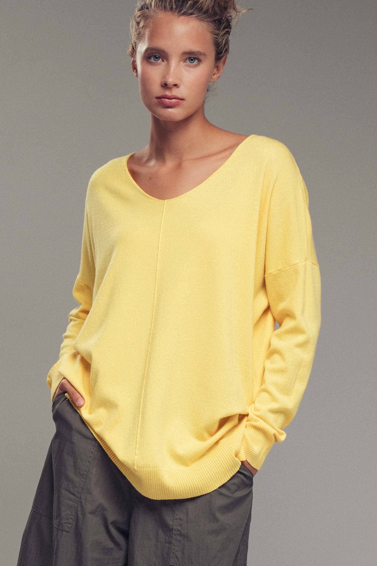 Citrus Yellow Relaxed High-Low V-Neck Tunic Sweater
