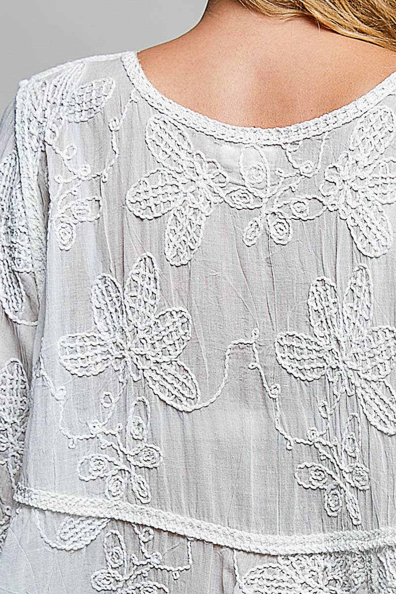 Off White Tassel Loop Point Ruffle Crochet Top-143198