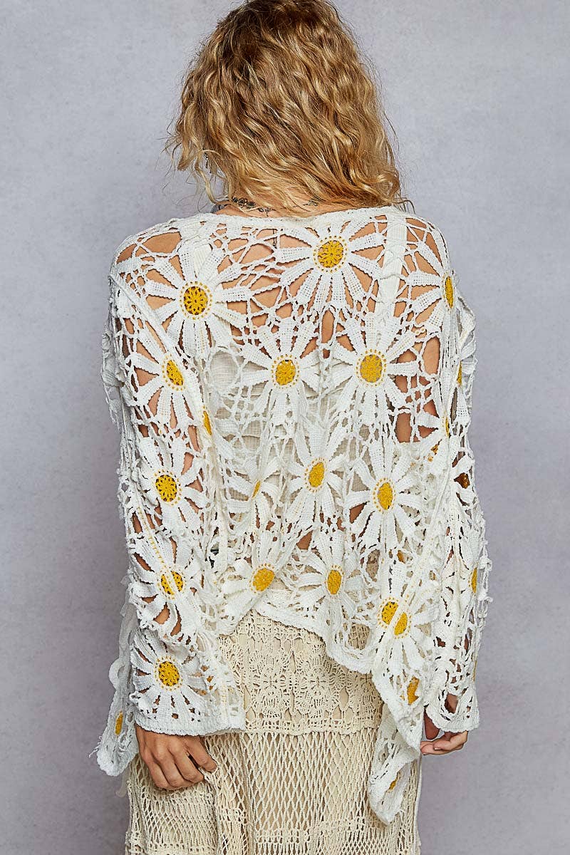 White Daisy Crochet Knit Open Cardigan-150398