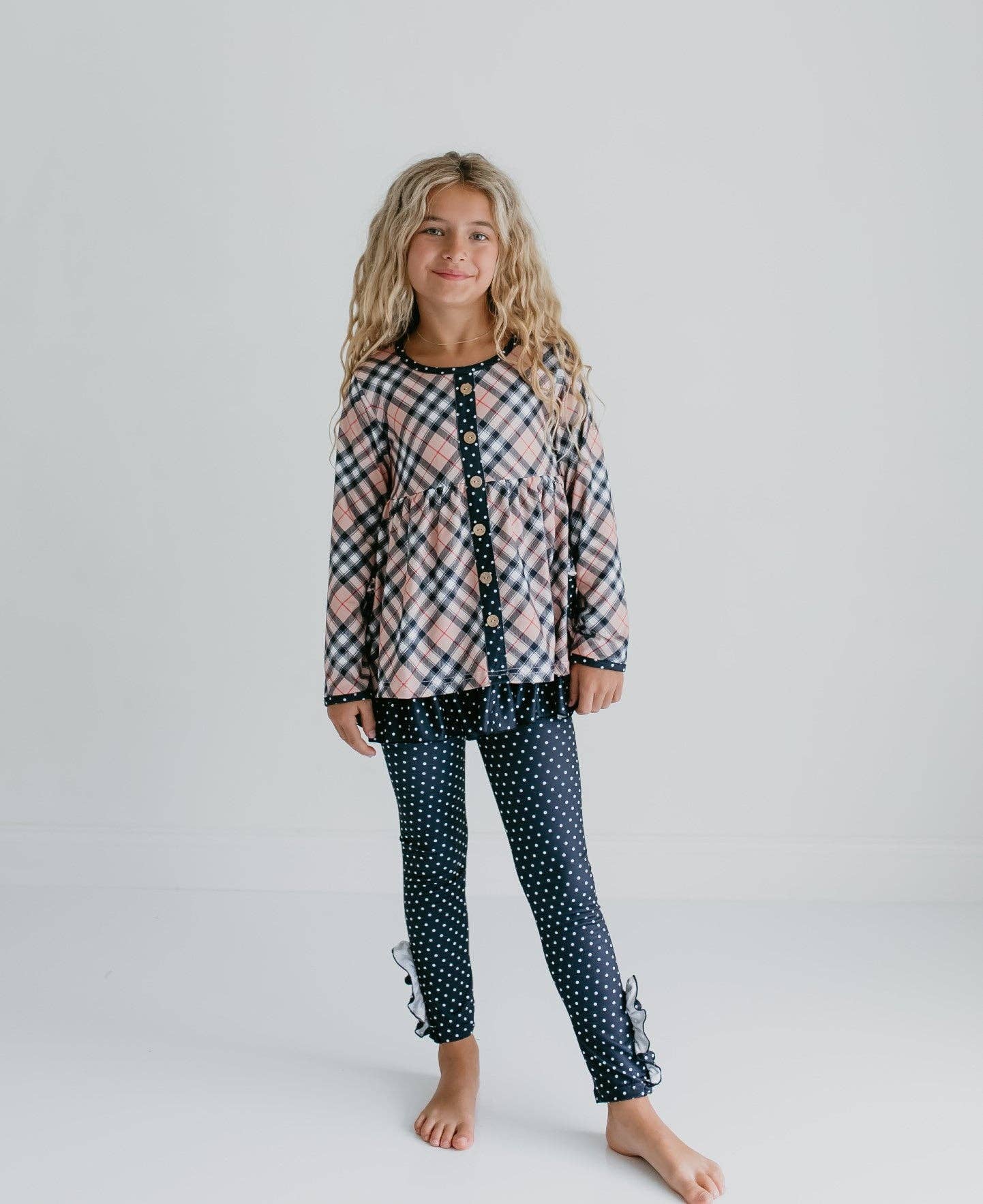 Tan Plaid Top & Polka Dot Ruffle Button Legging Set